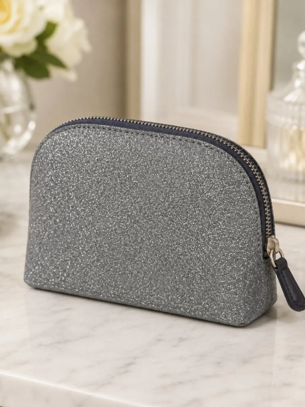 Kate Spade Lola Glitter Cosmetic Bag Dusk Navy Small Dome NWT